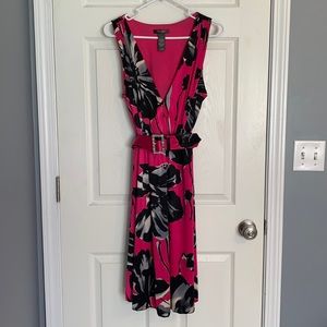 Bisou Bisou Hot Pink Satin Floral Dress with Rhinestone matching belt size 14